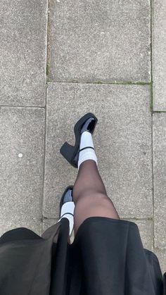 Black Mary Janes Outfit Aesthetic, Heels With Socks Aesthetic, Platform Heels Outfit Aesthetic, Mary Jane’s With Socks, Black Mary Jane Heels Outfit, Pump Heels Outfit, Mary Janes With Pants, Aesthetic Shoes Women, Mary Jane Pumps Outfit