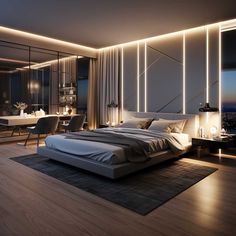 a bedroom with a large bed in the middle of it and lots of lights on the walls