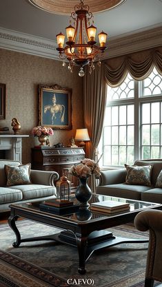 a living room filled with furniture and a chandelier hanging from the ceiling next to a window