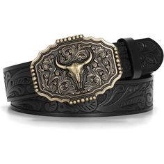 Color: Gold Bull Buckle/ Black Western Belts For Men Women Cowboy Belts For Men Women Is Made Of Quality Cow Split Leather, With Embossed Flower Patterns, Not Easy To Shed Dander And Break. Cowboy Cowgirl Belt Fits Most People, The Length Of Western Belt Is 100-130cm, Fits Waist Size Range 30-44 In. It’s A Everyday Country Belts For Women And Men. Cowboy Belt With Bull Buckle Womens Mens Cowboy Belt Buckle Is Made Of Quality Zinc Alloy, Weights 0.16lbs, Reliable For A Long Time Use. Rodeo Belt B Belts Weatern, Western Style Jewelry, Country Belt Buckles, Mexican Belt, Cowboy Belts, Black Western Belt, Belts Buckle