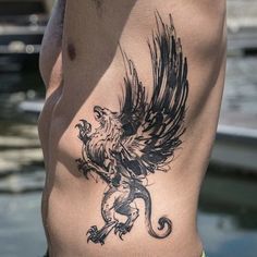 a man with a tattoo on his stomach has a lion and bird on his back