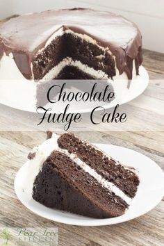 chocolate fudge cake with white frosting and chocolate ganache on the top slice