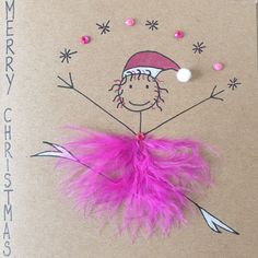 a christmas card with a drawing of a girl wearing a santa hat and pink feathers