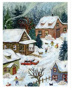 a painting of snow covered houses and trees