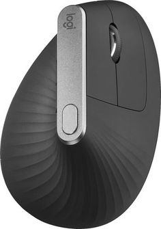 the logite wireless mouse is shown in black and silver color, with an oval design on