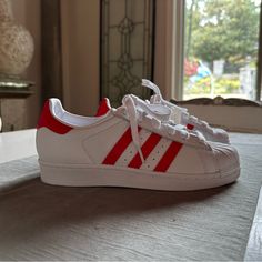 Nwt No Box. Available For $60 At Our Store Chiccouturecloset.Com Feel Free To Ask Any Questions! Bundle And Save! Adidas Superstar Red, Red And White Shoes, Superstar Adidas, Adidas Super, Adidas Superstars, Shoe Inspo, Girly Shoes, Adidas White, Shoes Adidas