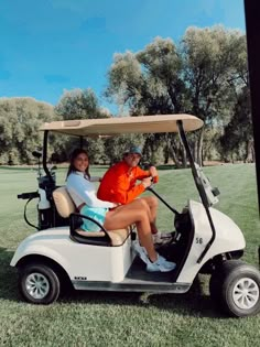 two people sitting on a golf cart in the grass