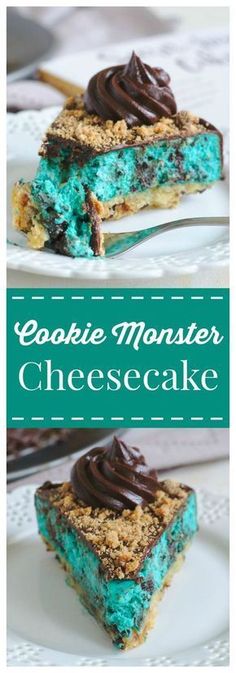 two pieces of cookie monster cheesecake on a white plate