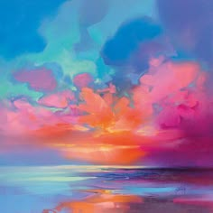 an oil painting of colorful clouds over the ocean with blue and pink colors on it