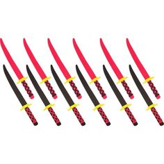 six red and black knives with yellow handles