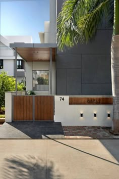 the front entrance to a modern house with palm trees in the foreground and concrete driveway