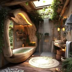 a bathroom with a wooden bathtub and plants on the walls, along with a round rug