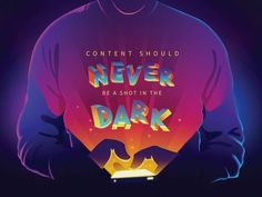 a man holding a glowing object with the words never in the dark on it's chest