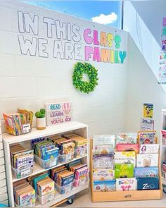 the children's bookshelf is full of books and toys for sale in this class we are family