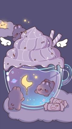 an image of a cup filled with ice cream and teddy bears on top of it