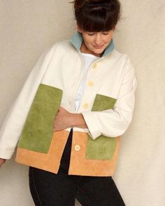 Hand Painted Fabric, Color Block Jacket, Twill Jacket, Home Studio, Sewing Inspiration, Warm Colors, Clothing Patterns, Piece Of Clothing