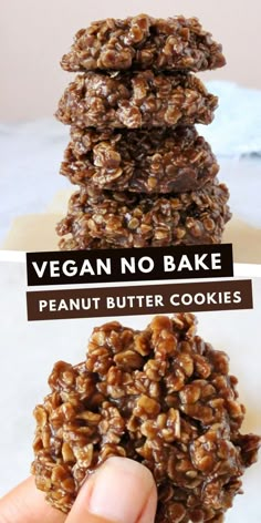 vegan no bake peanut butter cookies stacked on top of each other with text overlay