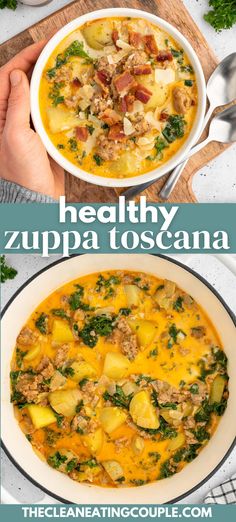 Two photos: Healthy Zuppa Toscana Soup in a white bowl with a hand cupping the side on a wooden cutting board on a white counter and Healthy Zuppa Toscana Soup in a dutch oven on a white counter with the words "healthy zuppa toscana" in the foreground Healthy Zuppa Toscana Soup, Healthy Zuppa Toscana, Zuppa Toscana Soup, Toscana Soup, Recipes Yummy, Healthy Recipes On A Budget, Favourite Food, Olive Garden