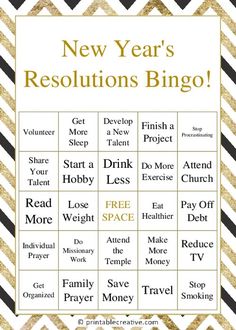 a new year's resolution bingo game with gold and black chevrons on it