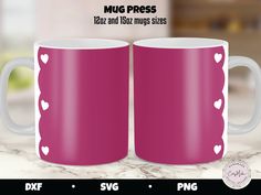 two coffee mugs with hearts on them