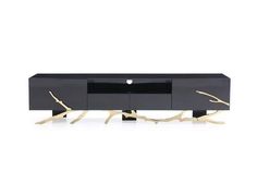 a black and gold tv stand with two branches on the bottom, and one branch hanging from it's side