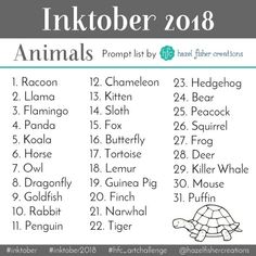 the animal list for inktober 2018