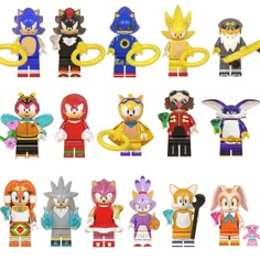 a bunch of toys that are in the shape of people with different outfits and colors