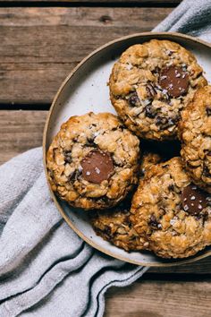 chocolate chip cookies in a bowl on a wooden table