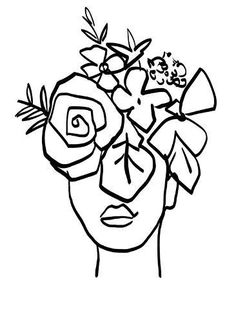 a black and white drawing of a woman's face with flowers in her hair