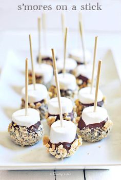 mini marshmallows are arranged on a white plate with sticks sticking out of them