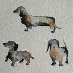 four dachshunds are painted on white paper