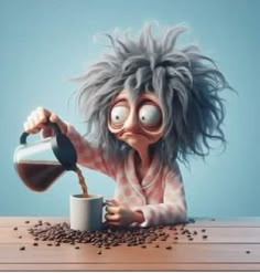 a cartoon character is pouring coffee into a cup while surrounded by coffee beans on the table