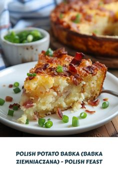 a close up of a slice of cake on a plate with green onions and peas