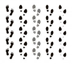 the footprints of people who are walking in different directions, all black on white background