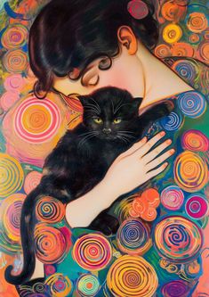 a painting of a woman holding a black cat with colorful circles in the back ground