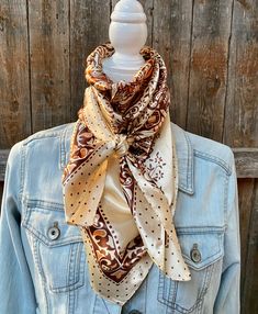 Our classic wild rag/scarf in tan and brown with a dot and paisley pattern. It is a square and measures 35" x 35". It is sure to add a bright pop of color to any outfit. Western or Crystal slides available to accent 100% machine washable polyester, silky and soft. Outfit Western, Cute Cowgirl Outfits, Red Shawl, Bright Pop, Brown Polka Dots, Yee Haw