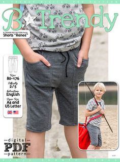 the front and back of a child's shorts with an image of a boy holding a red bag