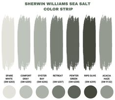 different shades of gray and white paint with the names of each color in it,