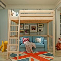 a child's bedroom with a bunk bed, couch and bookshelf in it