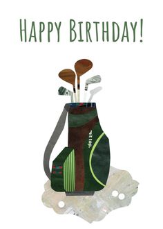 a happy birthday card with golf clubs in a bag