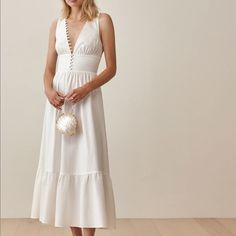 Never Worn! Bought For Bridal Function But Didn’t Fit Angelina Jolie Dress, Sustainable Wedding Dress, White Summer Dress, Perfect Summer Outfit, Bridal Shower Dress, Reformation Dress, Shower Dresses, V Neck Midi Dress, Reformation Dresses