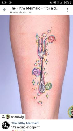 a woman's leg with a fork and spoon tattoo on the side of her thigh