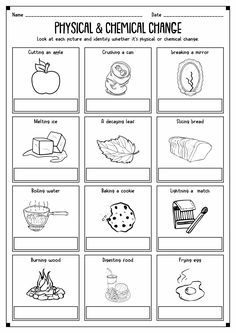 the physical and chemical change worksheet is shown in black and white, with pictures of food