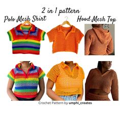 four different crochet tops with short sleeves and collars, all in one pattern