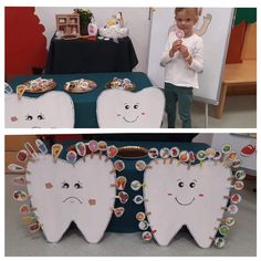 two pictures of a child standing in front of a table with toothbrushes on it