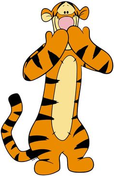 a cartoon tiger sitting on the ground with its mouth open and tongue out, making a gesture