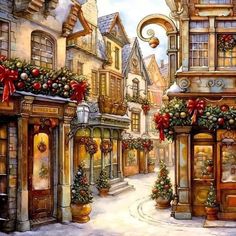 a painting of a street with christmas decorations on the front and side of buildings in the background