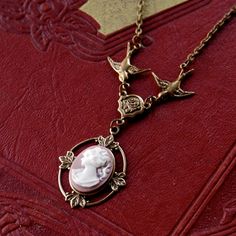 Victorian Lady Cameo Necklace- Brass and Pink Victorian Cameo, Hairdresser Gift, Cameo Pendant Necklace, White Woman, Victorian Lady, Cameo Ring, Vintage Cameo, Red Necklace, Cameo Necklace