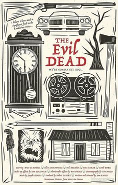 the evil dead movie poster with an image of a clock and other things on it