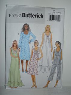 Butterick B5792 sewing pattern in sizes Y for x-small, small and medium OR ZZ for large, x-large and XX-large. Romantic, feminine nightgown options with scoop neckline, long sleeve or sleeveless, optional pintucked bodice, lace trim and ruffle hemline. The nightgown has options for floor length and below-the-knee length hems. The pajama pattern has a camisole style top and capri length pant.  Suggested fabrics include soft lightweight wovens, such as cotton battiste, satin and flannel. This list Nightgown Pattern, Leanne Marshall, Pajama Pattern, Butterick Pattern, Butterick Sewing Pattern, Nightgowns For Women, Pleated Bodice, Easy Sewing Patterns, Couture Vintage